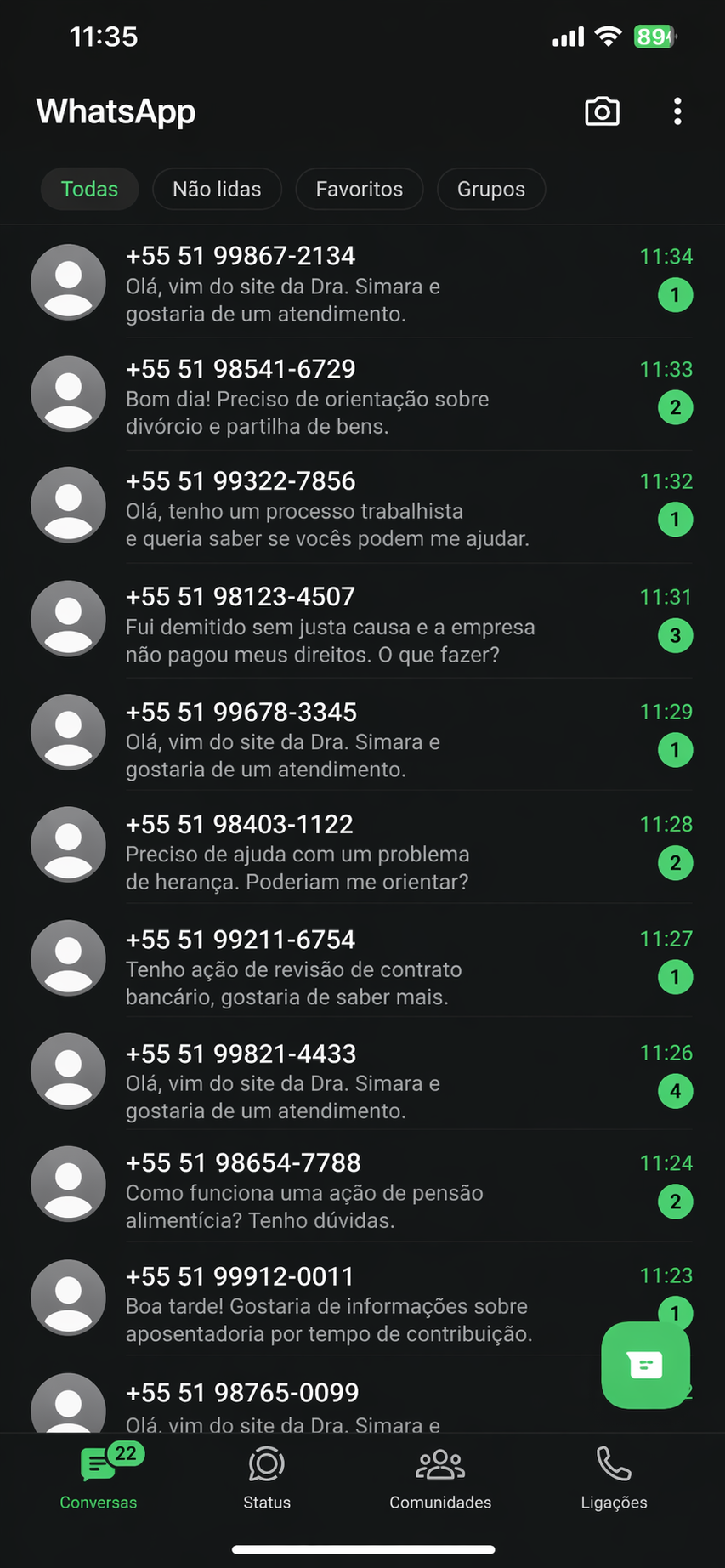 Prints de conversas no WhatsApp com clientes interessados após campanhas da ADV.ON